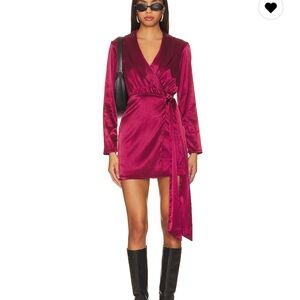 superdown Satin Wrap Mini Dress in Burgundy